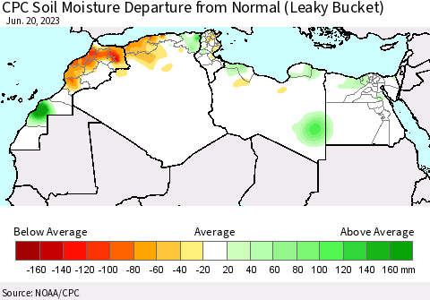 North Africa CPC Soil Moisture Departure from Normal (Leaky Bucket) Thematic Map For 6/16/2023 - 6/20/2023