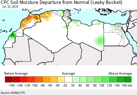 North Africa CPC Soil Moisture Departure from Normal (Leaky Bucket) Thematic Map For 7/6/2023 - 7/10/2023