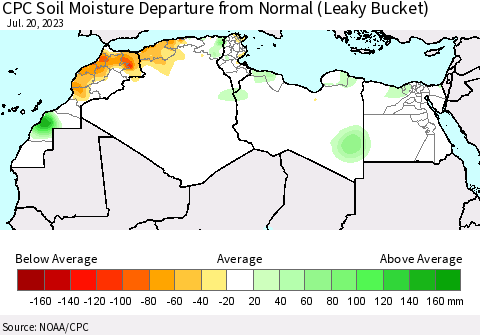 North Africa CPC Soil Moisture Departure from Normal (Leaky Bucket) Thematic Map For 7/16/2023 - 7/20/2023