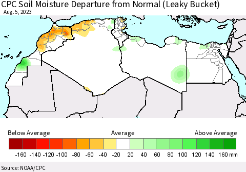 North Africa CPC Soil Moisture Departure from Normal (Leaky Bucket) Thematic Map For 8/1/2023 - 8/5/2023