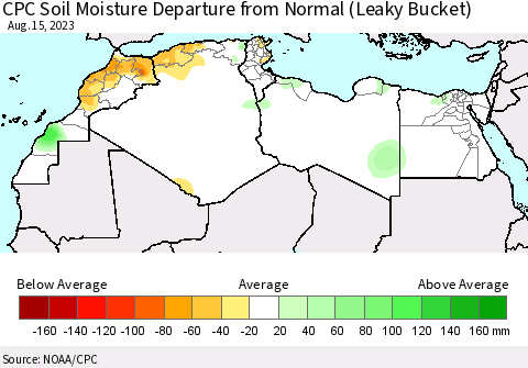 North Africa CPC Soil Moisture Departure from Normal (Leaky Bucket) Thematic Map For 8/11/2023 - 8/15/2023