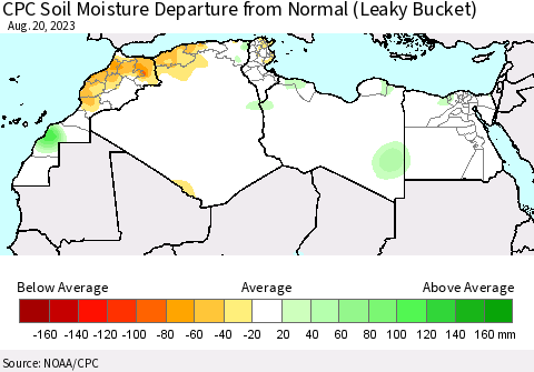 North Africa CPC Soil Moisture Departure from Normal (Leaky Bucket) Thematic Map For 8/16/2023 - 8/20/2023