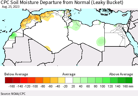 North Africa CPC Soil Moisture Departure from Normal (Leaky Bucket) Thematic Map For 8/21/2023 - 8/25/2023