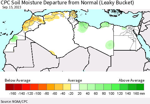 North Africa CPC Soil Moisture Departure from Normal (Leaky Bucket) Thematic Map For 9/11/2023 - 9/15/2023