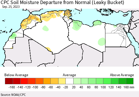 North Africa CPC Soil Moisture Departure from Normal (Leaky Bucket) Thematic Map For 9/21/2023 - 9/25/2023