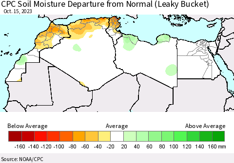 North Africa CPC Soil Moisture Departure from Normal (Leaky Bucket) Thematic Map For 10/11/2023 - 10/15/2023