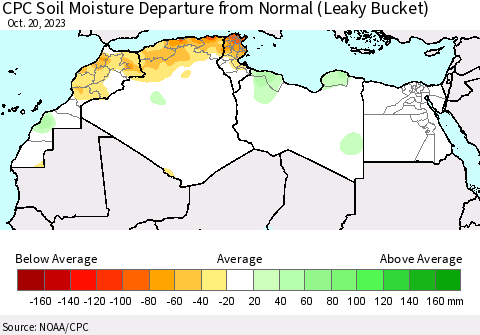 North Africa CPC Soil Moisture Departure from Normal (Leaky Bucket) Thematic Map For 10/16/2023 - 10/20/2023