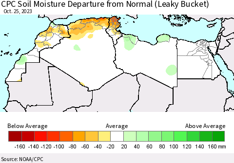 North Africa CPC Soil Moisture Departure from Normal (Leaky Bucket) Thematic Map For 10/21/2023 - 10/25/2023