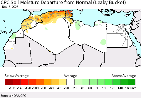 North Africa CPC Soil Moisture Departure from Normal (Leaky Bucket) Thematic Map For 11/1/2023 - 11/5/2023