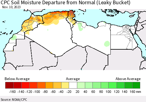 North Africa CPC Soil Moisture Departure from Normal (Leaky Bucket) Thematic Map For 11/6/2023 - 11/10/2023