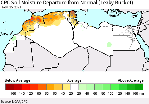 North Africa CPC Soil Moisture Departure from Normal (Leaky Bucket) Thematic Map For 11/21/2023 - 11/25/2023