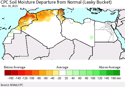 North Africa CPC Soil Moisture Departure from Normal (Leaky Bucket) Thematic Map For 11/26/2023 - 11/30/2023