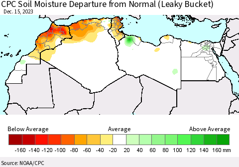 North Africa CPC Soil Moisture Departure from Normal (Leaky Bucket) Thematic Map For 12/11/2023 - 12/15/2023