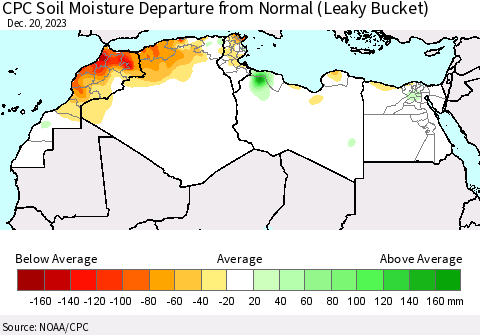 North Africa CPC Soil Moisture Departure from Normal (Leaky Bucket) Thematic Map For 12/16/2023 - 12/20/2023