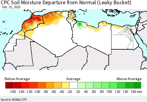 North Africa CPC Soil Moisture Departure from Normal (Leaky Bucket) Thematic Map For 12/26/2023 - 12/31/2023