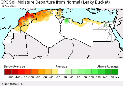 North Africa CPC Soil Moisture Departure from Normal (Leaky Bucket) Thematic Map For 1/1/2024 - 1/5/2024