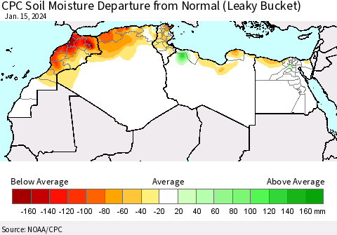 North Africa CPC Soil Moisture Departure from Normal (Leaky Bucket) Thematic Map For 1/11/2024 - 1/15/2024