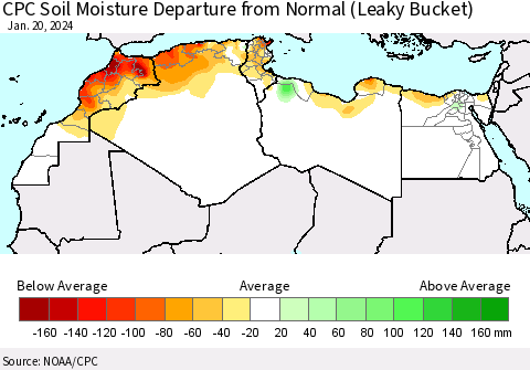 North Africa CPC Soil Moisture Departure from Normal (Leaky Bucket) Thematic Map For 1/16/2024 - 1/20/2024