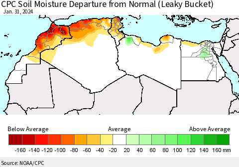 North Africa CPC Soil Moisture Departure from Normal (Leaky Bucket) Thematic Map For 1/26/2024 - 1/31/2024