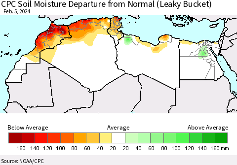 North Africa CPC Soil Moisture Departure from Normal (Leaky Bucket) Thematic Map For 2/1/2024 - 2/5/2024