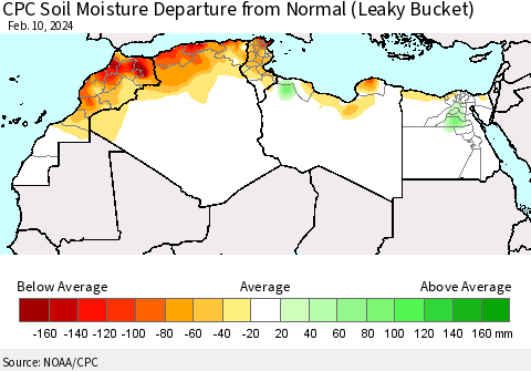 North Africa CPC Soil Moisture Departure from Normal (Leaky Bucket) Thematic Map For 2/6/2024 - 2/10/2024