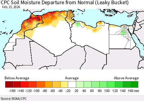 North Africa CPC Soil Moisture Departure from Normal (Leaky Bucket) Thematic Map For 2/11/2024 - 2/15/2024