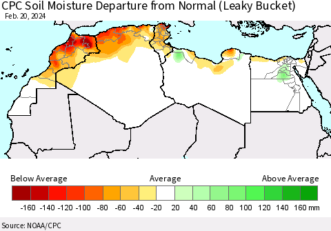 North Africa CPC Soil Moisture Departure from Normal (Leaky Bucket) Thematic Map For 2/16/2024 - 2/20/2024