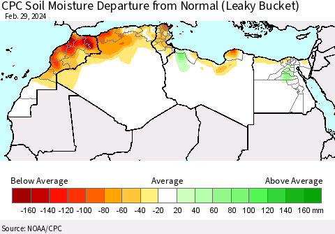North Africa CPC Soil Moisture Departure from Normal (Leaky Bucket) Thematic Map For 2/26/2024 - 2/29/2024