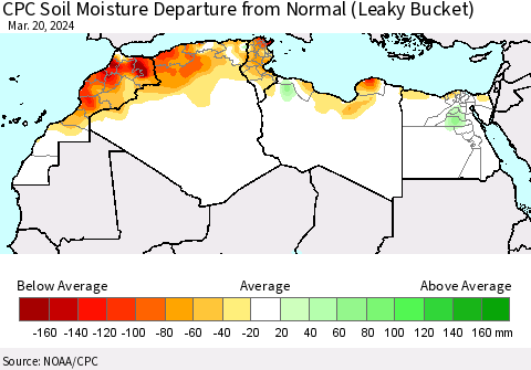 North Africa CPC Soil Moisture Departure from Normal (Leaky Bucket) Thematic Map For 3/16/2024 - 3/20/2024