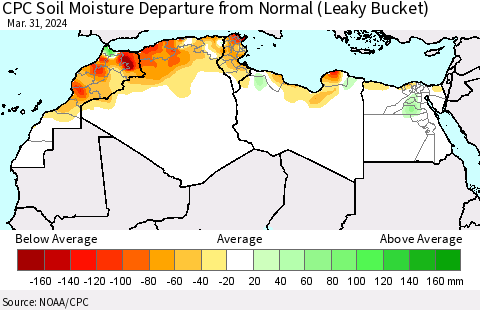 North Africa CPC Soil Moisture Departure from Normal (Leaky Bucket) Thematic Map For 3/26/2024 - 3/31/2024