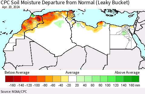 North Africa CPC Soil Moisture Departure from Normal (Leaky Bucket) Thematic Map For 4/16/2024 - 4/20/2024