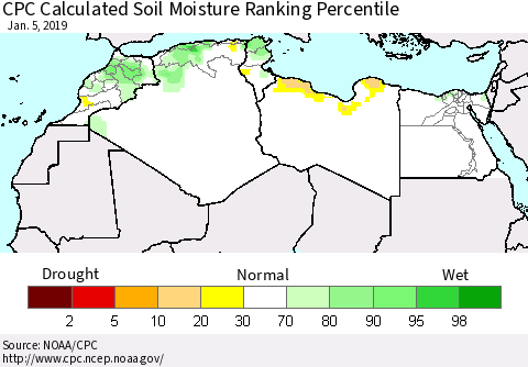 North Africa CPC Soil Moisture Ranking Percentile (Leaky Bucket) Thematic Map For 1/1/2019 - 1/5/2019