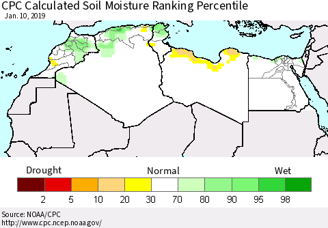 North Africa CPC Soil Moisture Ranking Percentile (Leaky Bucket) Thematic Map For 1/6/2019 - 1/10/2019