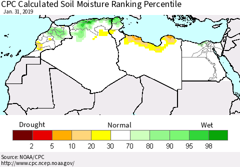 North Africa CPC Soil Moisture Ranking Percentile (Leaky Bucket) Thematic Map For 1/26/2019 - 1/31/2019