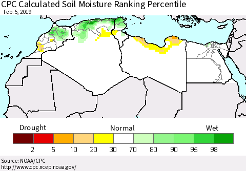 North Africa CPC Soil Moisture Ranking Percentile (Leaky Bucket) Thematic Map For 2/1/2019 - 2/5/2019