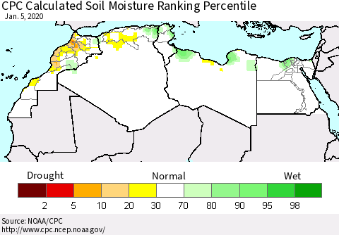 North Africa CPC Soil Moisture Ranking Percentile (Leaky Bucket) Thematic Map For 1/1/2020 - 1/5/2020