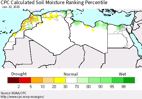 North Africa CPC Soil Moisture Ranking Percentile (Leaky Bucket) Thematic Map For 1/6/2020 - 1/10/2020