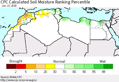 North Africa CPC Soil Moisture Ranking Percentile (Leaky Bucket) Thematic Map For 1/11/2020 - 1/15/2020
