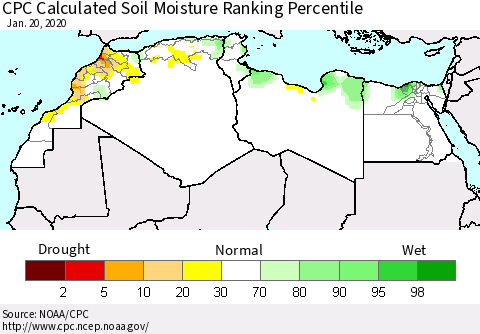 North Africa CPC Soil Moisture Ranking Percentile (Leaky Bucket) Thematic Map For 1/16/2020 - 1/20/2020