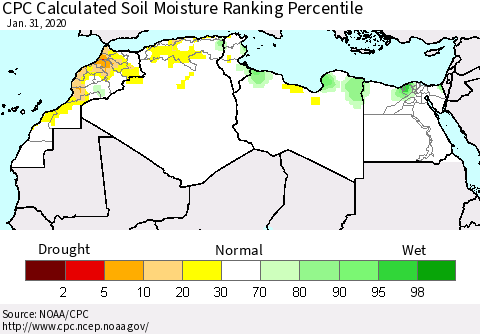 North Africa CPC Soil Moisture Ranking Percentile (Leaky Bucket) Thematic Map For 1/26/2020 - 1/31/2020