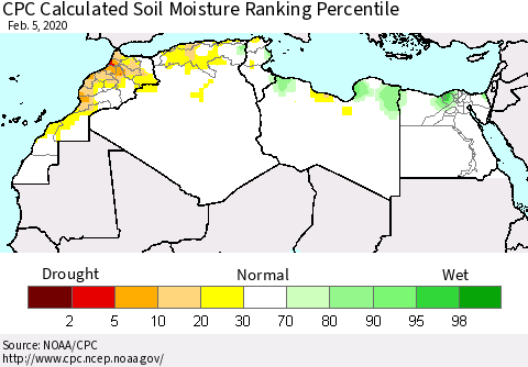 North Africa CPC Soil Moisture Ranking Percentile (Leaky Bucket) Thematic Map For 2/1/2020 - 2/5/2020