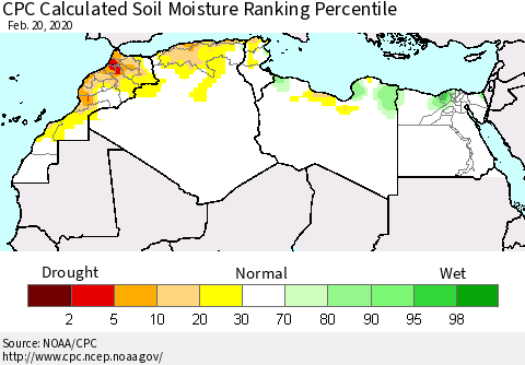 North Africa CPC Soil Moisture Ranking Percentile (Leaky Bucket) Thematic Map For 2/16/2020 - 2/20/2020