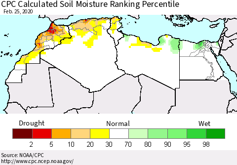North Africa CPC Soil Moisture Ranking Percentile (Leaky Bucket) Thematic Map For 2/21/2020 - 2/25/2020