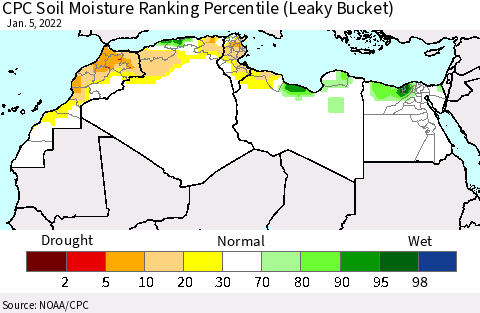 North Africa CPC Soil Moisture Ranking Percentile (Leaky Bucket) Thematic Map For 1/1/2022 - 1/5/2022