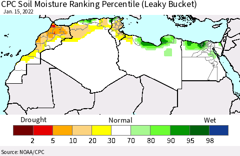North Africa CPC Soil Moisture Ranking Percentile (Leaky Bucket) Thematic Map For 1/11/2022 - 1/15/2022
