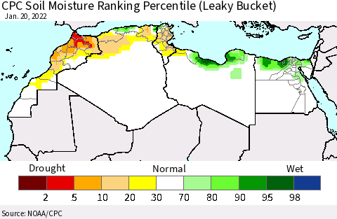 North Africa CPC Soil Moisture Ranking Percentile (Leaky Bucket) Thematic Map For 1/16/2022 - 1/20/2022