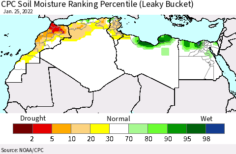 North Africa CPC Soil Moisture Ranking Percentile (Leaky Bucket) Thematic Map For 1/21/2022 - 1/25/2022