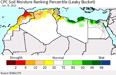 North Africa CPC Soil Moisture Ranking Percentile (Leaky Bucket) Thematic Map For 1/26/2022 - 1/31/2022