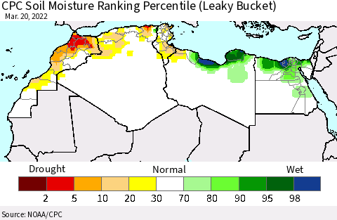 North Africa CPC Soil Moisture Ranking Percentile (Leaky Bucket) Thematic Map For 3/16/2022 - 3/20/2022