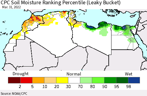 North Africa CPC Soil Moisture Ranking Percentile (Leaky Bucket) Thematic Map For 3/26/2022 - 3/31/2022